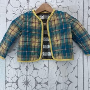 Kids Quilted Plaid Jacket Blue Yellow Zip Front Reversible Look Cozy Lined